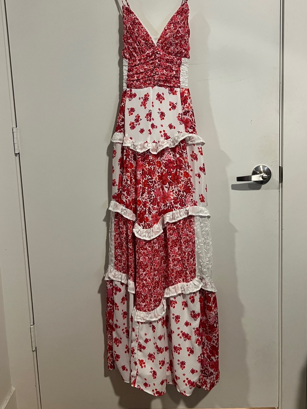 Altar'd State Red and White Floral Tiered Maxi Dress with Patchwork Detailing